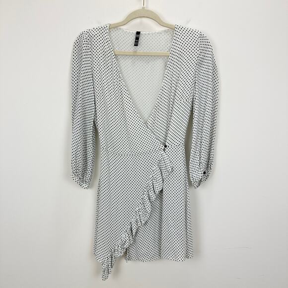 Zara Polka Dot Mini Wrap Romper White Black Ruffle Viscose Long Sleeve XS - Picture 3 of 12